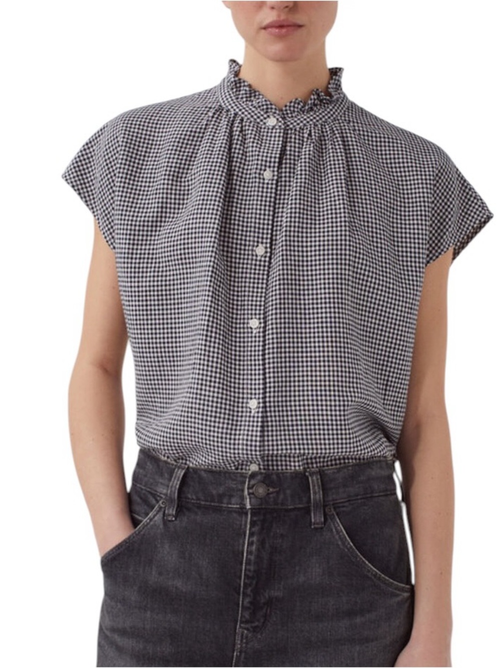 Uniqlo gingham cotton blend frilled neck button down top M excellent condition